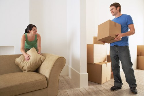 Packed office and retail items ready for commercial moves in East London